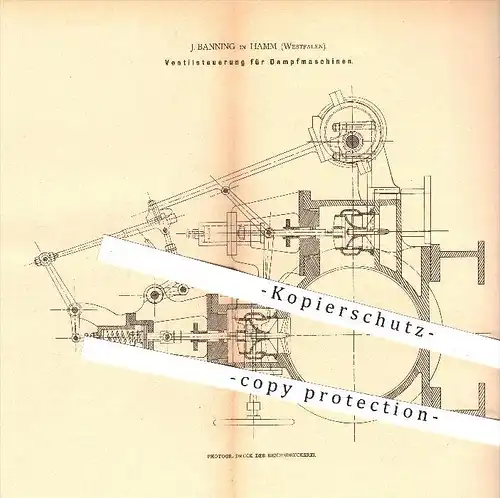 original Patent - J. Banning in Hamm , 1880 , Ventilsteuerung für Dampfmaschinen , Dampfmaschine , Motor , Motoren !!!