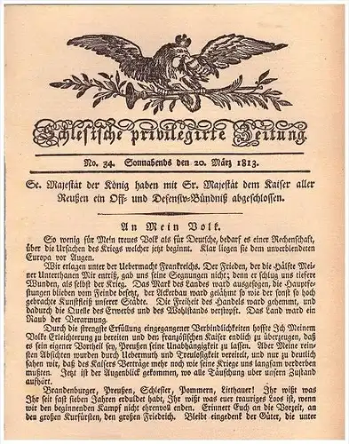 Aufruf von Friedrich Wilhelm , 1813 , schlesische Zeitung , Eisernes Kreuz , Kriegserklärung  , Schlesien !!!