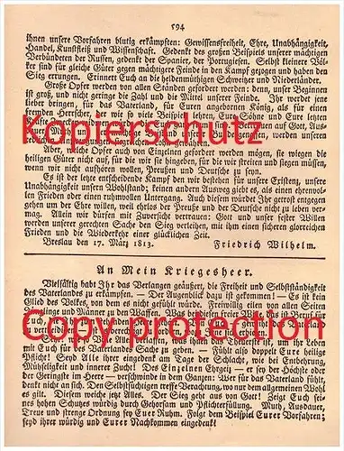 Aufruf von Friedrich Wilhelm , 1813 , schlesische Zeitung , Eisernes Kreuz , Kriegserklärung  , Schlesien !!!
