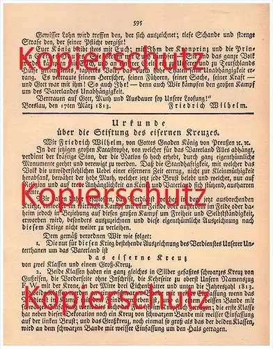 Aufruf von Friedrich Wilhelm , 1813 , schlesische Zeitung , Eisernes Kreuz , Kriegserklärung  , Schlesien !!!