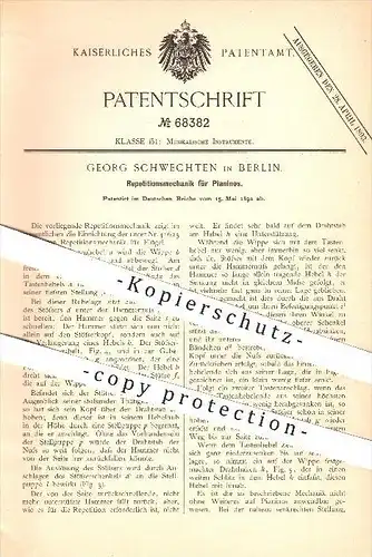 original Patent - Georg Schwechten in Berlin , 1892 , Repetitionsmechanik für Pianos , Piano , Klavier , Flügel , Musik