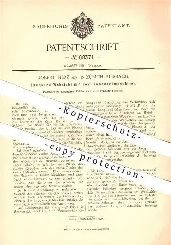 original Patent - Robert Fierz , Zürich - Riesbach , 1892 , Jaquard - Webstuhl mit 2 Jaquardmaschinen , Weber , Weben !!