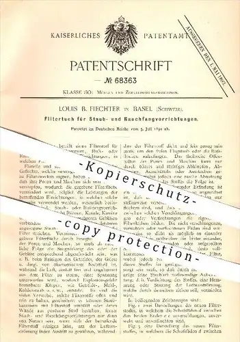 original Patent - Louis B. Fiechter in Basel , Schweiz , 1892 , Filtertuch für Staub- und Rauchfangvorrichtungen , Mühle