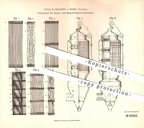 original Patent - Louis B. Fiechter in Basel , Schweiz , 1892 , Filtertuch für Staub- und Rauchfangvorrichtungen , Mühle