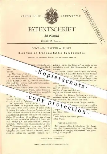 original Patent - Girolamo Taddei , Torino / Turin , 1882, campo forno portatile !!!