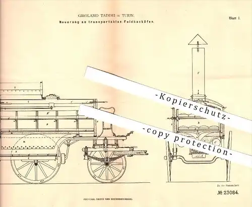 original Patent - Girolamo Taddei , Torino / Turin , 1882, campo forno portatile !!!