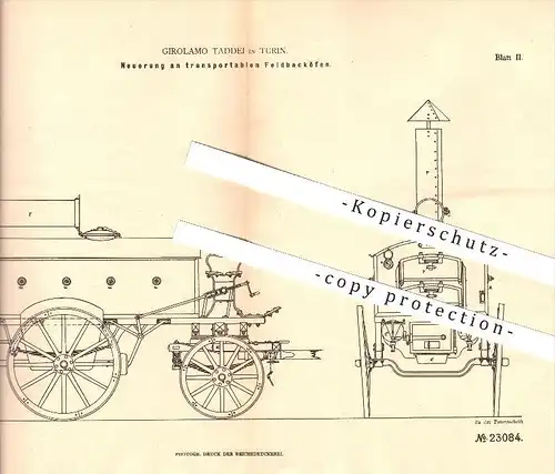 original Patent - Girolamo Taddei , Torino / Turin , 1882, campo forno portatile !!!