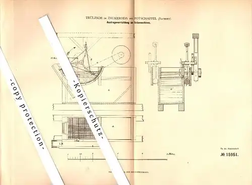 Original Patent - Trülzsch in Zaukerode b. Potschappel / Freital , 1881 , Apparat für Setzmaschinen !!!