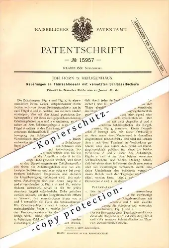 Original Patent - Joh. Horn in Heiligenhaus , 1881 , Türschloss mit versetztem Schlüsselloch , Mettmann !!!