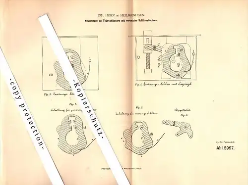 Original Patent - Joh. Horn in Heiligenhaus , 1881 , Türschloss mit versetztem Schlüsselloch , Mettmann !!!