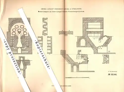 Original Patent - Georg A.F. Liegel in Stralsund in Mecklenburg , 1880 , Liegel`sches Feuerungssystem , Heizungsbau !!!