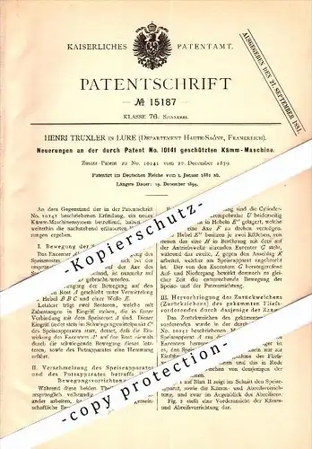 Original Patent - Henri Truxler à Lure , Haute-Saone , 1881 , Machine pour la filature !!!