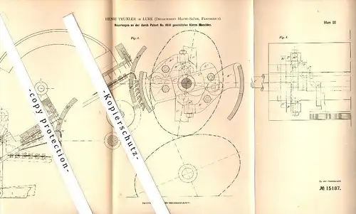 Original Patent - Henri Truxler à Lure , Haute-Saone , 1881 , Machine pour la filature !!!