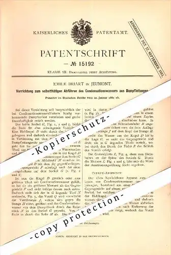 Original Patent - Emile Briart à Jeumont , Nord , 1881 , Appareil pour la condensation des machines à vapeur !!!