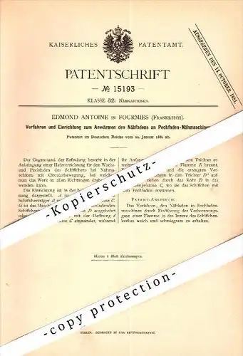 Original Patent - Edmond Antoine à Fourmies , 1881 , Dispositif pour machines à coudre !!!