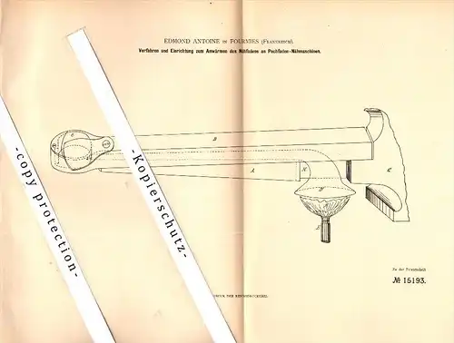 Original Patent - Edmond Antoine à Fourmies , 1881 , Dispositif pour machines à coudre !!!