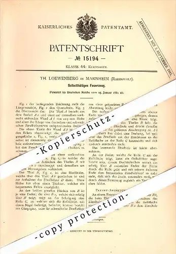 Original Patent - Th. Löwenberg in Marnheim , Rheinpfalz , 1881 , Feuerzeug , Kirchheimbolanden !!!