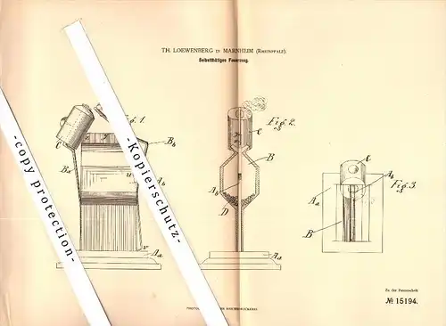 Original Patent - Th. Löwenberg in Marnheim , Rheinpfalz , 1881 , Feuerzeug , Kirchheimbolanden !!!