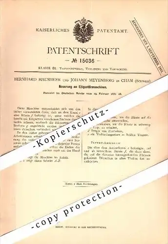 Original Patent - Bernhard Hausheer und J. Meyenburg in Cham , Schweiz , 1881 , Etikettiermaschine , Transport , ZG !!!