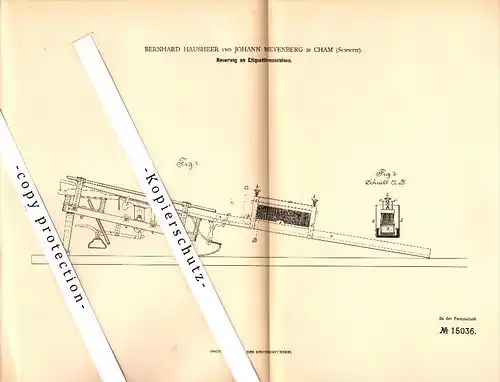 Original Patent - Bernhard Hausheer und J. Meyenburg in Cham , Schweiz , 1881 , Etikettiermaschine , Transport , ZG !!!