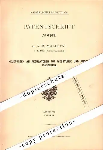 Original Patent - G.A. Malleval à Tarare , Rhone , 1879 , Régulateur pour métier , tissage !!!