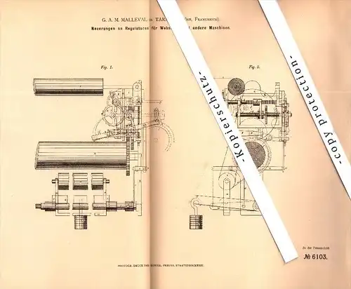 Original Patent - G.A. Malleval à Tarare , Rhone , 1879 , Régulateur pour métier , tissage !!!