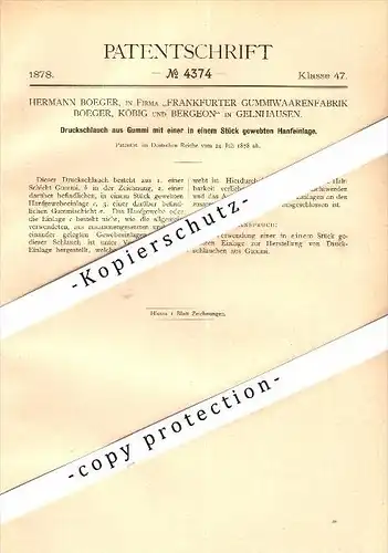 Original Patent - Gummiwaarenfabrik Boeger , Köbig & Bergeon in Gelnhausen , 1879 , Schlauch mit Hanfeinlage , Frankfurt