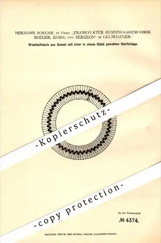 Original Patent - Gummiwaarenfabrik Boeger , Köbig & Bergeon in Gelnhausen , 1879 , Schlauch mit Hanfeinlage , Frankfurt