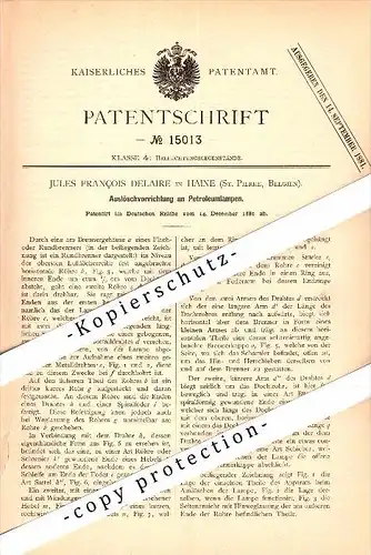 Original Patent - Jules F. Delaire in Haine , Saint Pierre , 1880 , Apparat für Petroleumlampen , La Louvière !!!