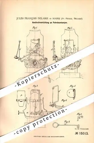 Original Patent - Jules F. Delaire in Haine , Saint Pierre , 1880 , Apparat für Petroleumlampen , La Louvière !!!