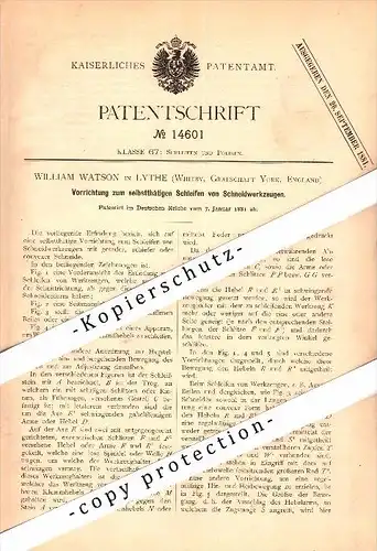 Original Patent - William Watson in Lythe / Whitby , 1881 , Apparatus for grinding cutting tools !!!