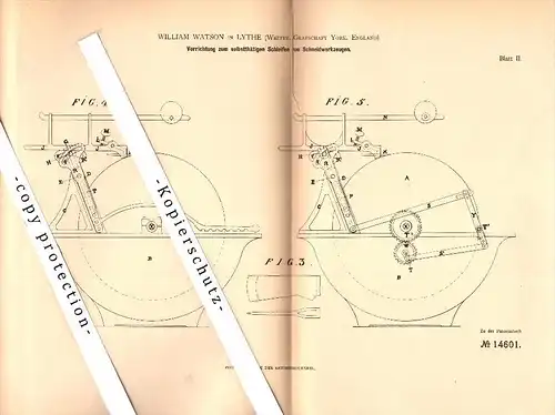 Original Patent - William Watson in Lythe / Whitby , 1881 , Apparatus for grinding cutting tools !!!