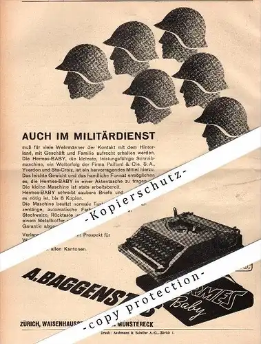 original Werbung - 1939 - A. Baggenstos , Schreibmaschinen für Militär , Soldaten , Zürich , A4 Seite !!!