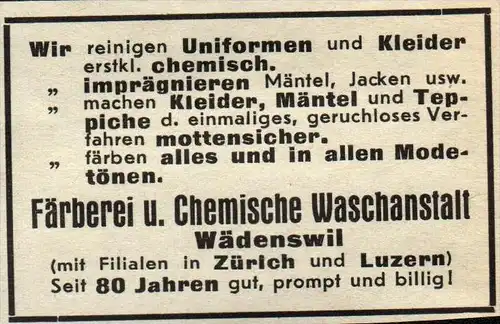 original Werbung - 1939 - Färberei in Wädenswil , Waschanstalt !!!