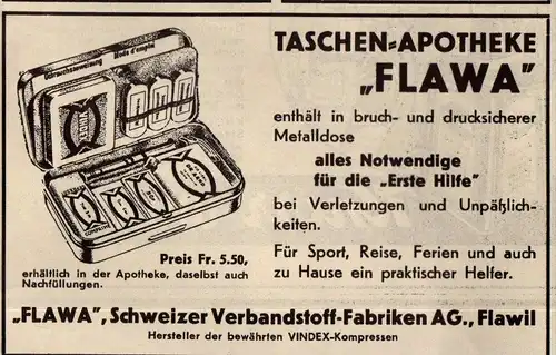 original Werbung - 1939 - Taschen-Apotheke , FLAWA , Flawil !!!