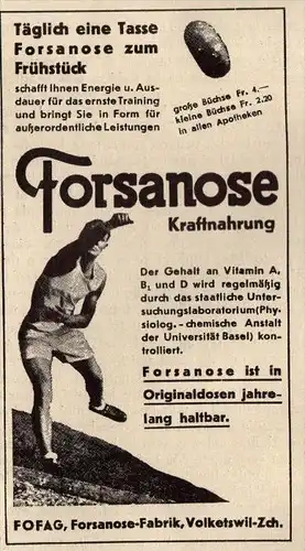 original Werbung - 1939 - FORSANOSE , Kraftnahrung , Leichathletik , Volketswil , Zürich !!!