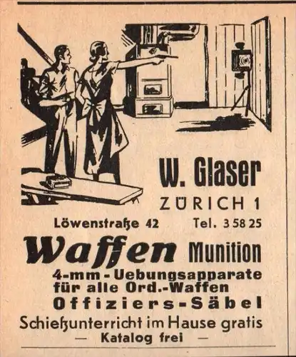 original Werbung - 1939 - Waffen und Munition , W. Glaser in Zürich , Offiziers-Säbel !!!
