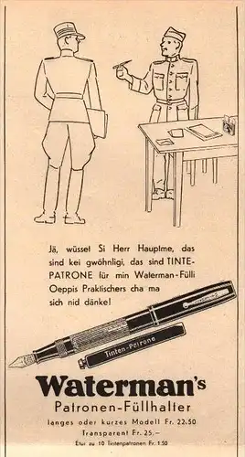 original Werbung - 1939 - Waterman`s , Patronen - Federhalter , Füllfederhalter !!!