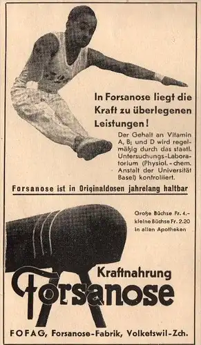 original Werbung - 1939 - FORSANOSE , Kraftnahrung , Leichathletik , Volketswil , Zürich !!!