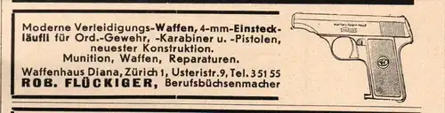 original Werbung - 1939 - Waffenhaus , Robert Flückiger in Zürich , Pistole , Büchsenmacher !!!