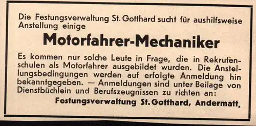 original Werbung - 1939 -  Motorfahrer-Mechaniker , Festung St. Gotthard , Andermatt , Rekrutenschule , NSKK !!!