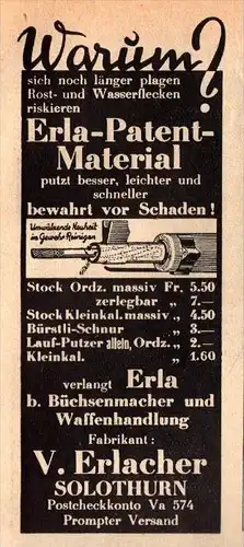 original Werbung - 1939 - Reiniger für Gewehr und Pistole , V. Erlacher in Solothurn , Erla-Patent !!!