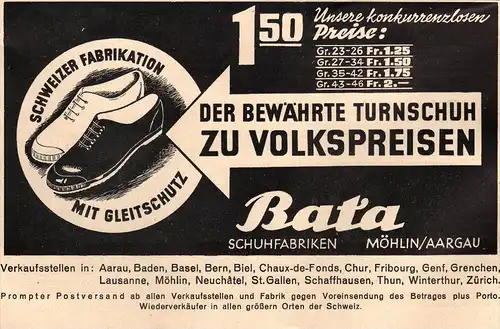 original Werbung - 1939 - Bata Schuhe in Bale , Bienne / Biel , Coire , Möhlin , Thoune , Fribourg , Granges , Neuchatel