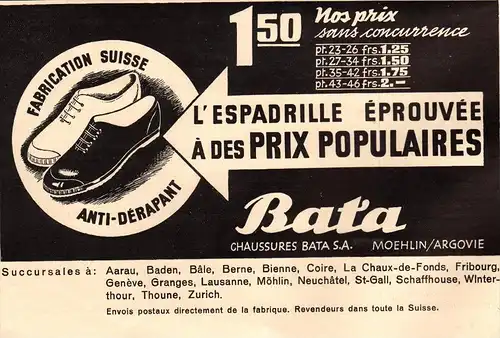 original Werbung - 1939 - Bata Schuhe in Bale , Bienne / Biel , Coire , Möhlin , Thoune , Fribourg , Granges , Neuchatel