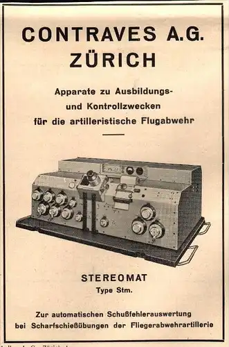 original Werbung - 1939 - Apparat zur Flugabwehr , Stereomat , Artillerie , Flak , Fliegerabwehr  Conraves AG in Zürich