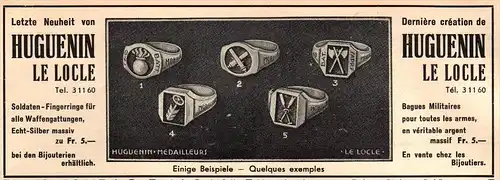 original Werbung - 1939 - Ringe , Fingerring für Soldaten , Waffen , Militär , Huguenin le Locle , Kriegsringe !!!