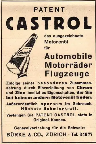 original Werbung - 1939 - CASTROL - Motorenöl für Automobile , Motorräder und Flugzeuge , Bürke & Co in Zürich !!!