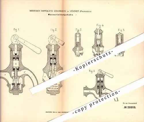 Original Patent - B.H. Chameroy à Le Vésinet , 1883 , robinet , conduite d'eau !!!