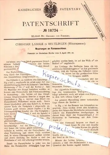 Original Patent - Christian Laissle in Reutlingen , Württemberg , 1881 , Formmaschinen !!!