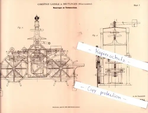 Original Patent - Christian Laissle in Reutlingen , Württemberg , 1881 , Formmaschinen !!!